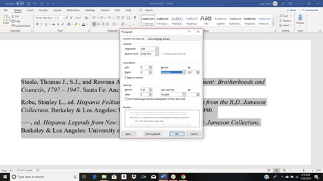 Creating hanging indents for bibliography citations in Word document