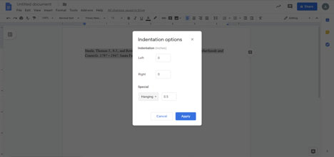 Create hanging indent for bibliography citation in Google docs