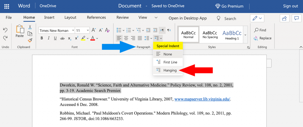 Word screenshot showing how to create a hanging indent in MLA format