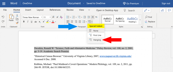 how to insert a citation indention in microsoft word