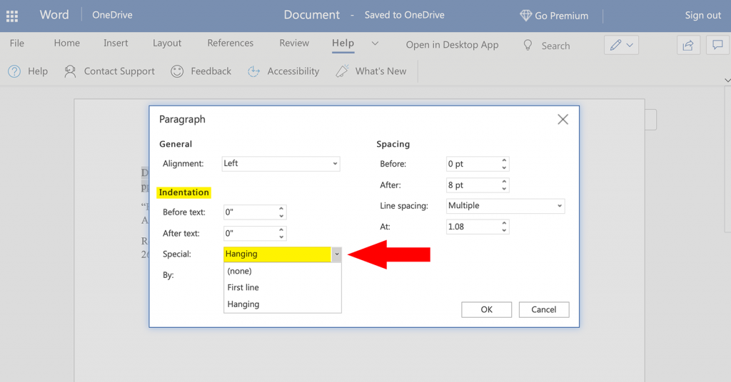 Tutorial screenshot showing how to create a hanging indent in MLA format in Word