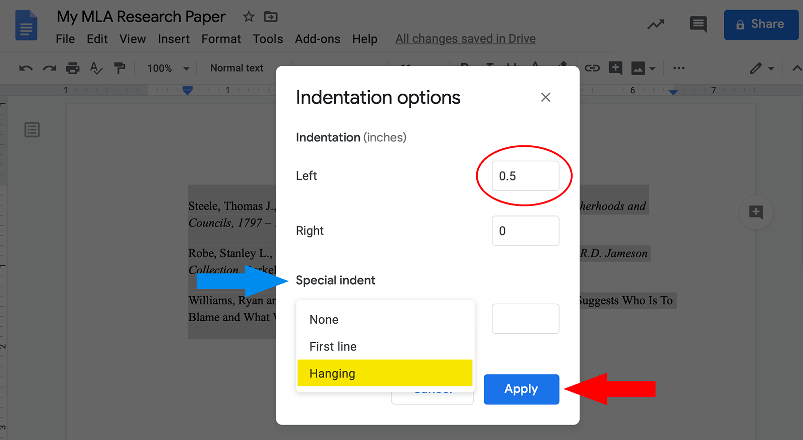 mla format hanging indent google docs