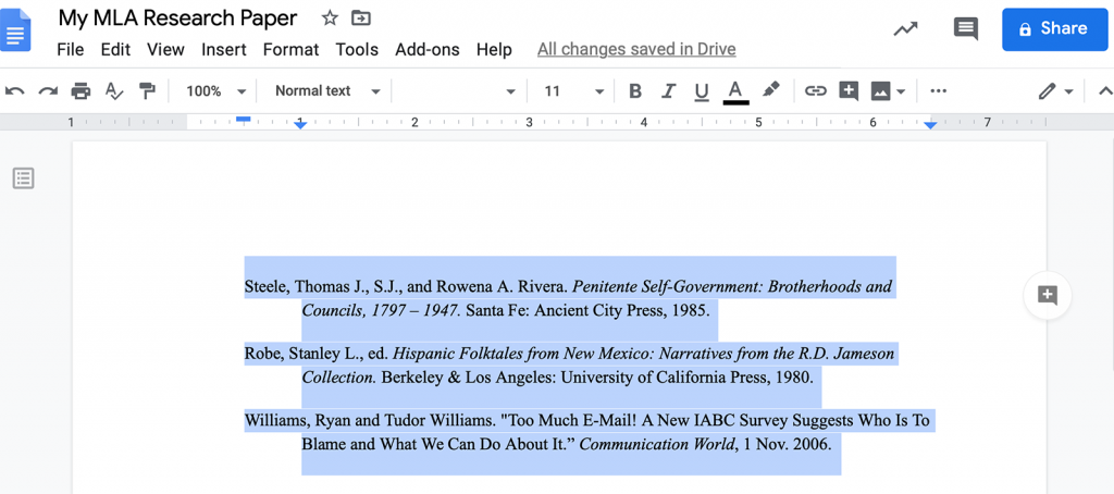 Citations with hanging indents in MLA format sample in Microsoft Word