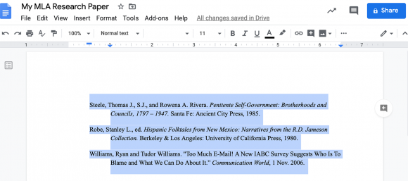 making a hanging indent google docs