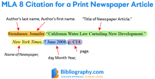 How To Cite A Newspaper Article In MLA With Examples Bibliography Com   MLA Newspaper Article Citation Breakdown 320x164 