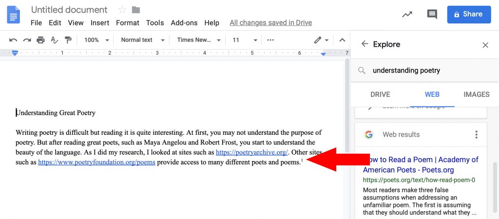 Footnote in Google Docs